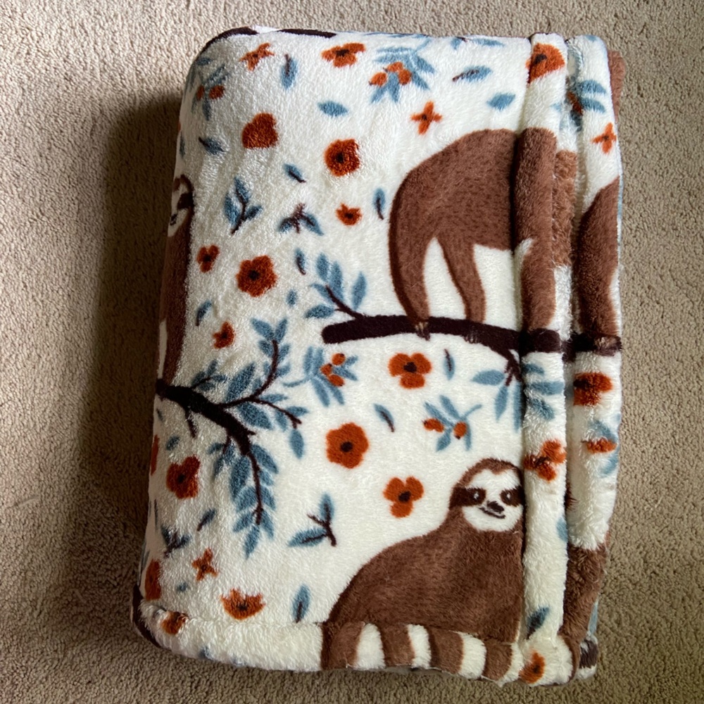 Brown Sloth Blue Leaves Tree Branch Orange Flowers Plush Throw Blanket